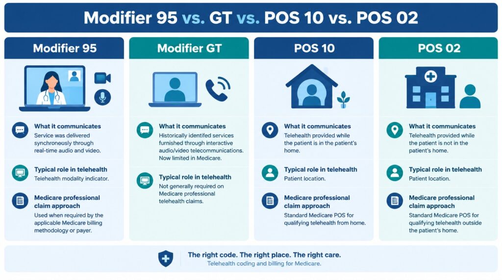 Comparison of Modifier 95, Modifier GT, POS 10, and POS 02 showing telehealth modality, historical GT use, patient-at-home POS 10, and non-home telehealth POS 02.
