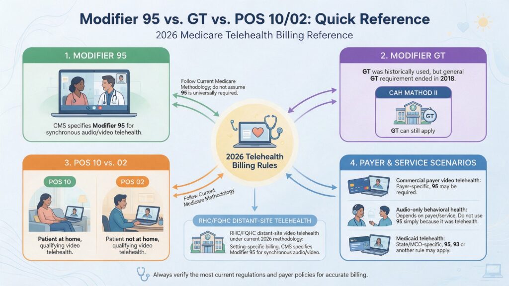 Modifier 95 vs GT vs POS 10 vs POS 02 telehealth billing quick reference showing synchronous audio/video, limited GT use, patient home POS 10, non-home POS 02, and payer-specific billing rules.