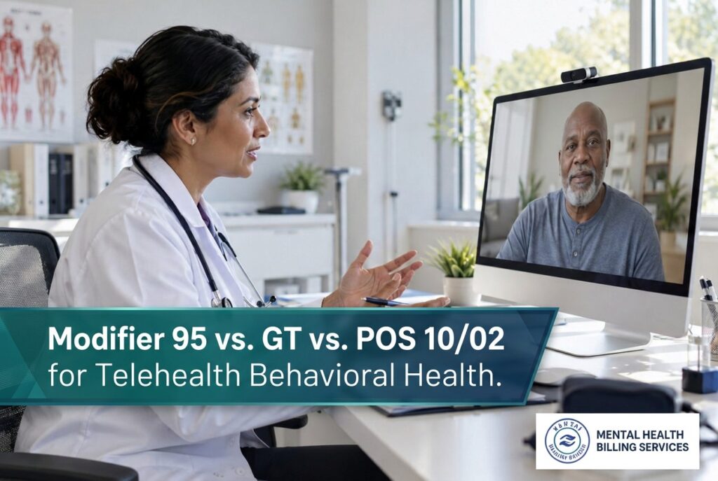 Behavioral health provider conducting a video telehealth visit with a patient, illustrating Modifier 95, Modifier GT, POS 10, and POS 02 telehealth billing considerations.