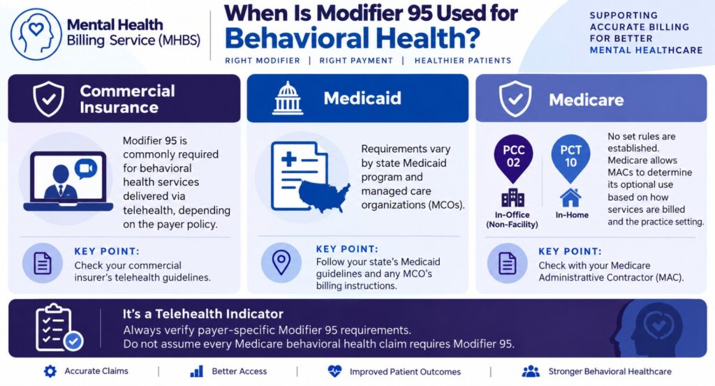 Modifier 95 behavioral health telehealth billing infographic showing commercial payer, Medicaid, and Medicare requirements and the importance of verifying payer-specific telehealth rules.