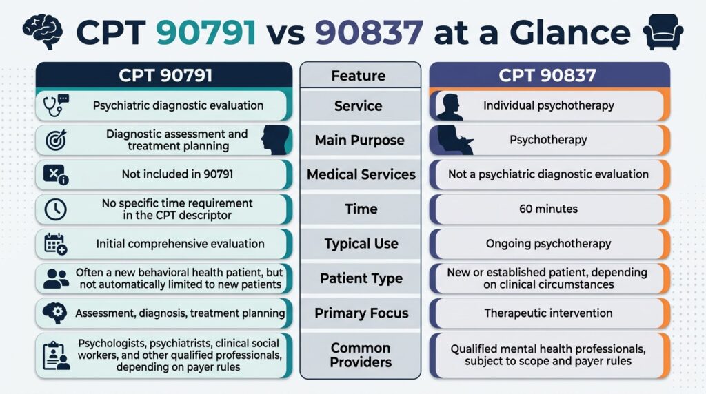 CPT 90791 vs 90837 comparison showing psychiatric diagnostic evaluation versus 60-minute individual psychotherapy