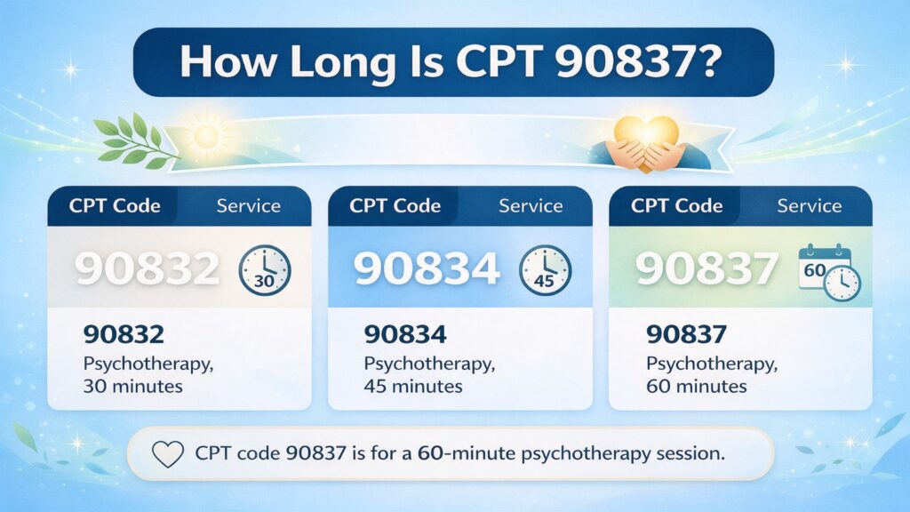 CPT 90837 60-minute psychotherapy compared with CPT 90832 30-minute and CPT 90834 45-minute sessions