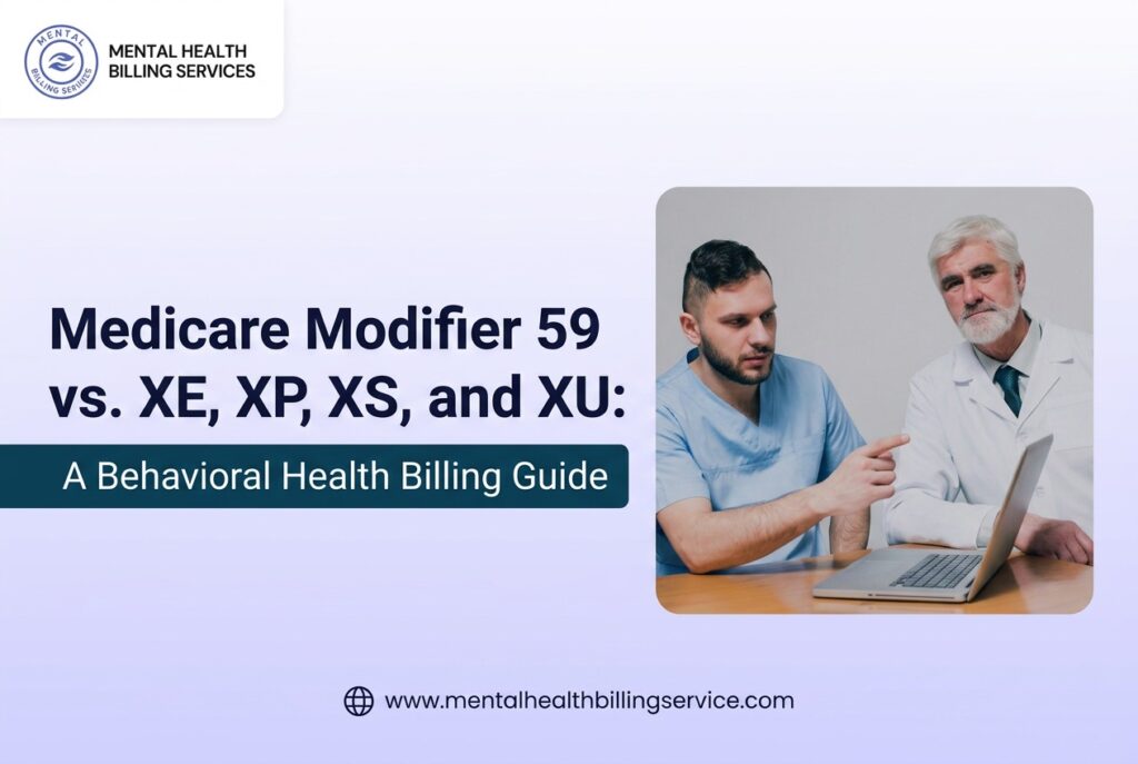 Medicare Modifier 59 vs XE, XP, XS, and XU behavioral health billing guide showing healthcare professionals discussing Medicare billing and coding.