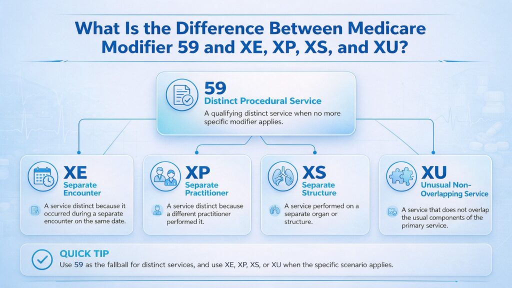 Comparison of Medicare Modifier 59, XE, XP, XS, and XU showing distinct procedural service, separate encounter, separate practitioner, separate structure, and unusual non-overlapping service.