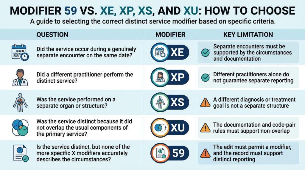 Decision guide showing when to use Medicare modifiers XE, XP, XS, XU, or 59 for distinct services based on separate encounters, practitioners, structures, and non-overlapping services.