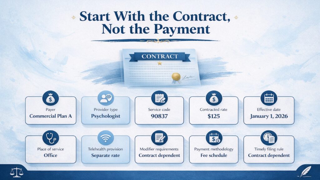 Behavioral health billing contract reference showing payer, provider type, CPT code, contracted rate, effective date, place of service, telehealth provision, modifier requirements, payment methodology, and timely filing rules.