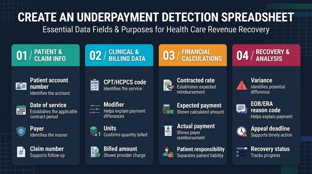 Behavioral health billing underpayment detection spreadsheet showing patient and claim information, CPT and HCPCS codes, contracted rates, expected payment, actual payment, variance, EOB or ERA reason codes, appeal deadlines, and recovery status.